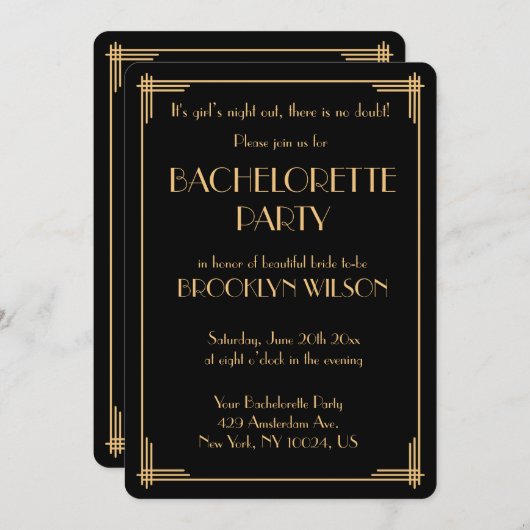 Black Gatsby Art Deco Bachelorette Party Invite Kaart (Voorkant / Achterkant)