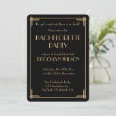 Black Gatsby Art Deco Bachelorette Party Invite Kaart (Staand voorkant)