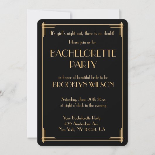 Black Gatsby Art Deco Bachelorette Party Invite Kaart (Voorkant)