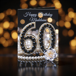Black Gems White Rose and Pearls 60th Birthday Kaart