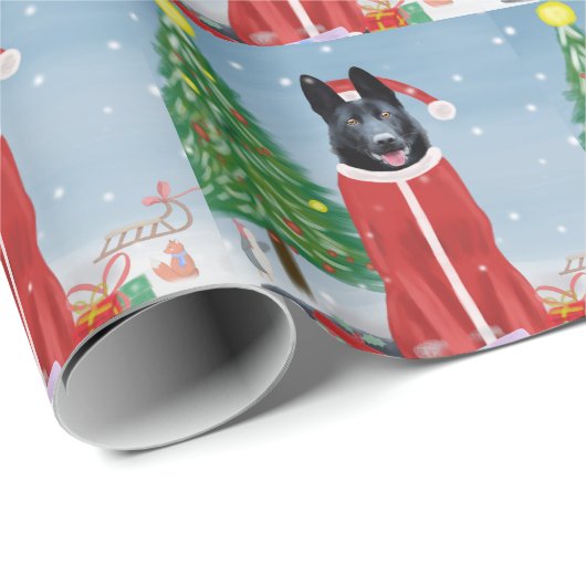Black German Shepherd Dog in Snow-kerstcadeaus Cadeaupapier (Rol Hoek)