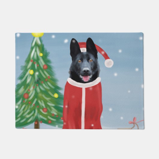 Black German Shepherd Dog in Snow-kerstcadeaus Deurmat (Voorkant)