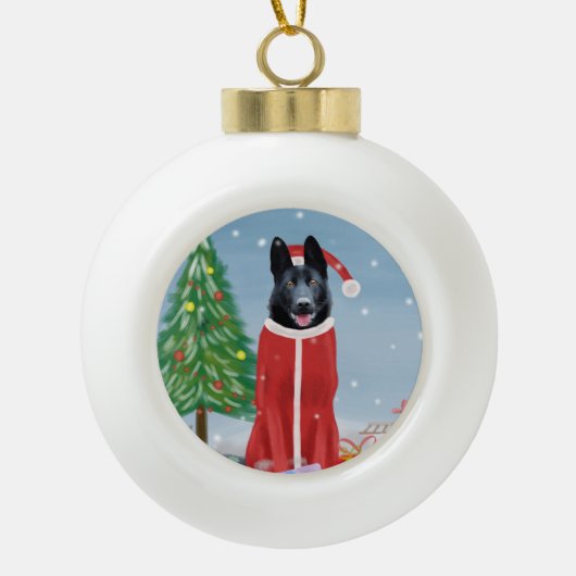 Black German Shepherd Dog in Snow-kerstcadeaus Keramische Bal Ornament (Voorkant)