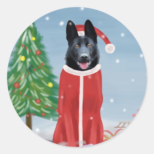 Black German Shepherd Dog in Snow-kerstcadeaus Ronde Sticker (Voorkant)