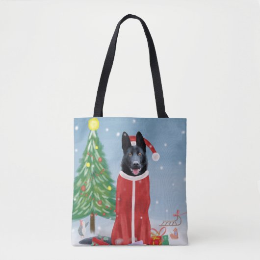 Black German Shepherd Dog in Snow-kerstcadeaus Tote Bag (Voorkant)