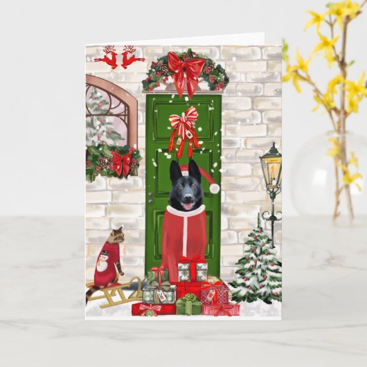 Black German Shepherd Dog Kerstmis Kaart (Gele Bloem)