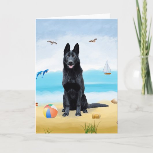 Black German Shepherd Dog on Beach Kaart (Voorkant)