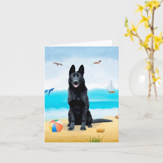 Black German Shepherd Dog on Beach Kaart (Gele Bloem)