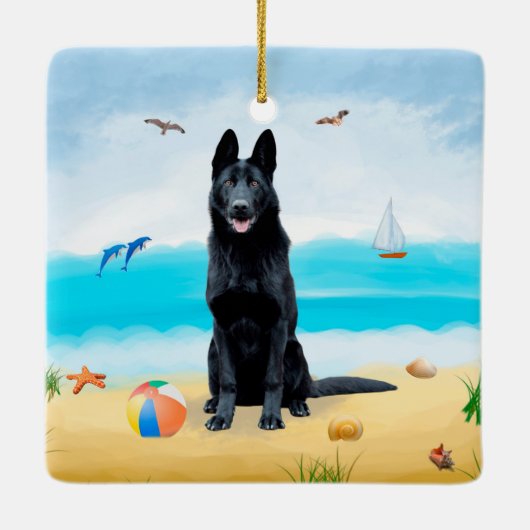 Black German Shepherd Dog on Beach Keramisch Ornament (Achterkant)