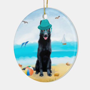 Black German Shepherd Dog on Beach Keramisch Ornament