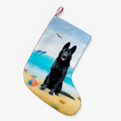 Black German Shepherd Dog on Beach Kleine Kerstsok (Voorkant (Hangend))