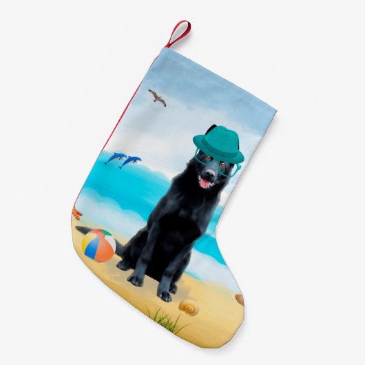 Black German Shepherd Dog on Beach Kleine Kerstsok (Voorkant (Hangend))