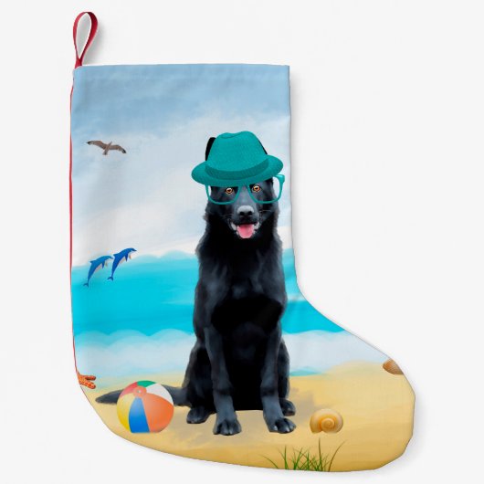 Black German Shepherd Dog on Beach Kleine Kerstsok (Voorkant)