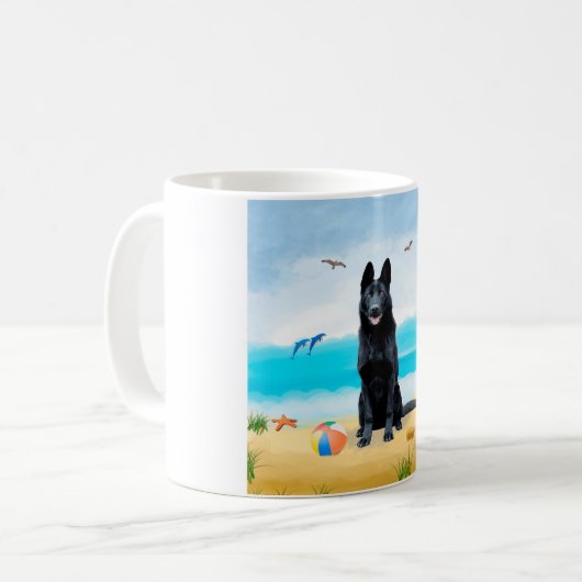 Black German Shepherd Dog on Beach Koffiemok (Voorkant links)