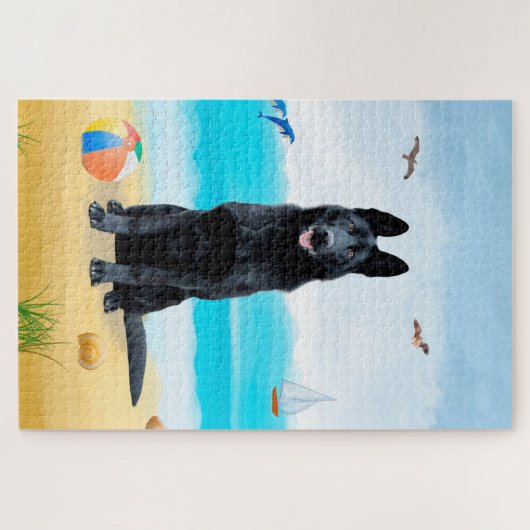 Black German Shepherd Dog on Beach Legpuzzel (Horizontaal)