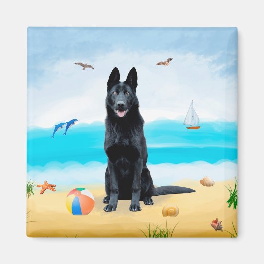 Black German Shepherd Dog on Beach Magneet (Voorkant)