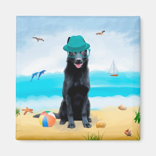 Black German Shepherd Dog on Beach Magneet (Voorkant)