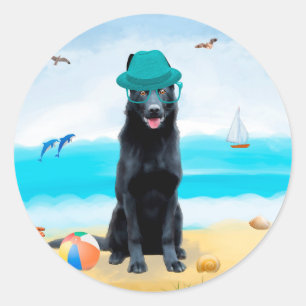 Black German Shepherd Dog on Beach Ronde Sticker