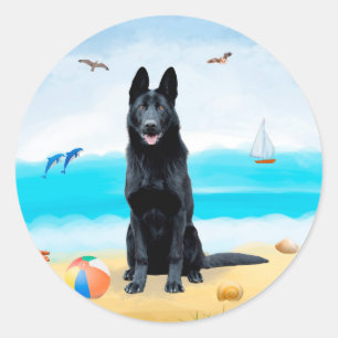 Black German Shepherd Dog on Beach Ronde Sticker