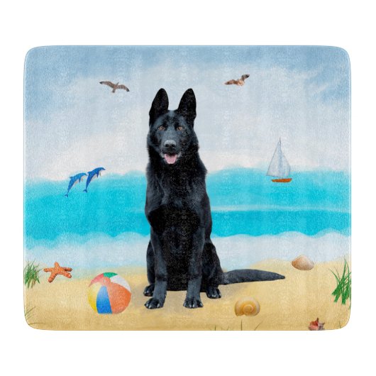 Black German Shepherd Dog on Beach Snijplank (Voorkant)