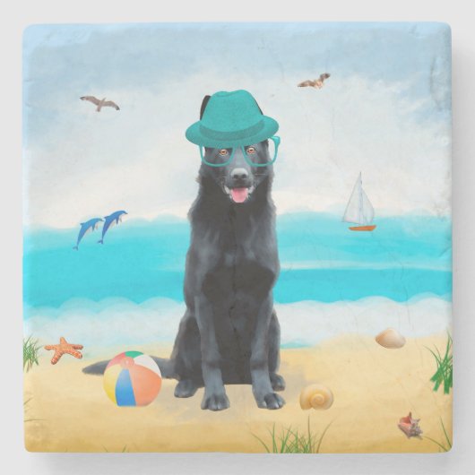 Black German Shepherd Dog on Beach Stenen Onderzetter (Voorkant)