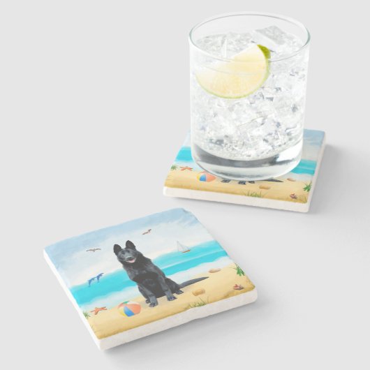 Black German Shepherd Dog on Beach Stenen Onderzetter (Zijkant)