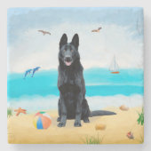 Black German Shepherd Dog on Beach Stenen Onderzetter (Voorkant)