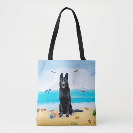 Black German Shepherd Dog on Beach Tote Bag (Voorkant)