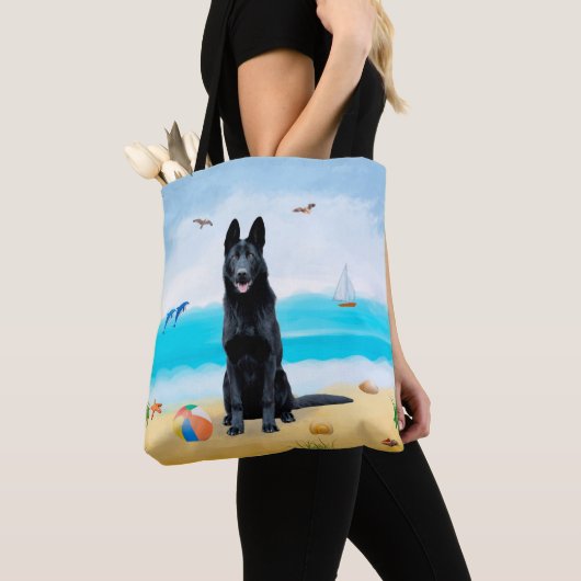 Black German Shepherd Dog on Beach Tote Bag (Dichtbij)