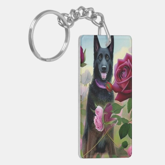 Black German Shepherd in Roos Garden ART Sleutelhanger (Voorkant Links)