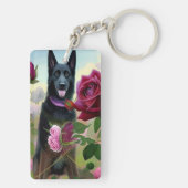 Black German Shepherd in Roos Garden ART Sleutelhanger (achterkant)