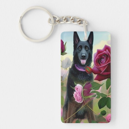 Black German Shepherd in Roos Garden ART Sleutelhanger (Voorkant)