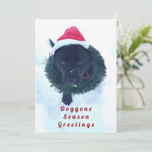 Black German Shepherd Puppy in a Wreath, ZKA Feestdagenkaart (Staand voorkant)