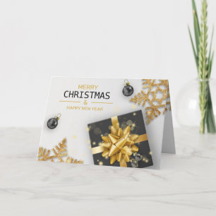 Black Gift Box kerstballen Gold Snowflakes Kaart