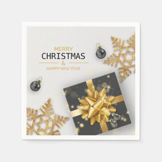 Black Gift Box kerstballen Gold Snowflakes Servet (Voorkant)