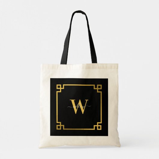 Black & Gikd Greek Key Monogrammen Tote Bag (Achterkant)