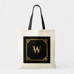 Black & Gikd Greek Key Monogrammen Tote Bag