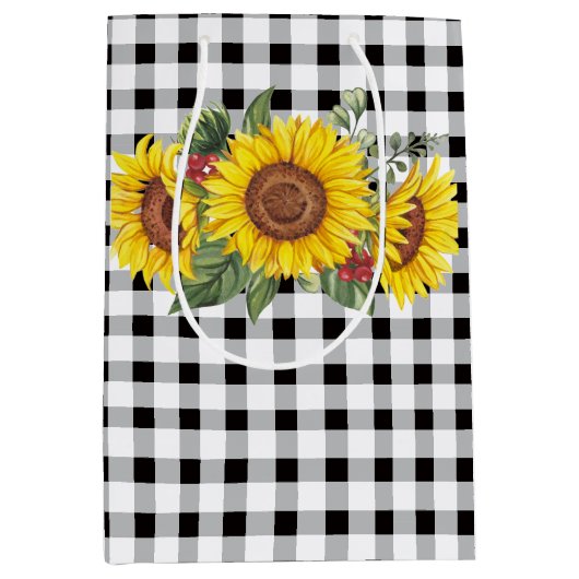 Black Gingham and Sunflower Floral Gift Bag Medium Cadeauzakje (Voorkant)