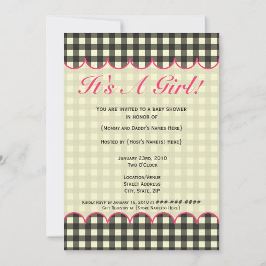 Black Gingham Baby shower Invitation Kaart (Achterkant)
