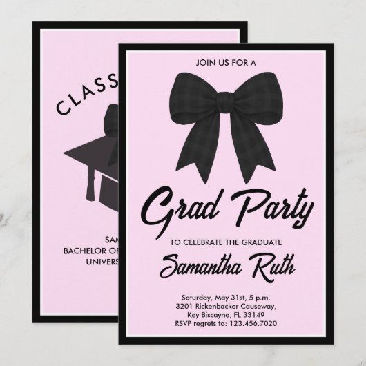 Black Gingham Bow Graduation Party Kaart (Voorkant / Achterkant)