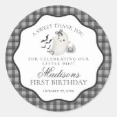 Black Gingham Cute Boo Ghost Birthday Party Favor Ronde Sticker (Voorkant)