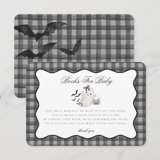 Black Gingham Cute Ghost Books for Baby Insert Informatiekaartje (Voorkant / Achterkant)
