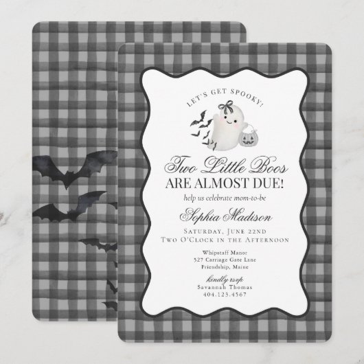 Black Gingham Cute Ghost Twins Baby Shower Kaart (Voorkant / Achterkant)
