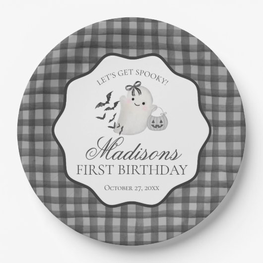 Black Gingham Cute Little Boo Ghost Birthday Party Papieren Bordje (Voorkant)