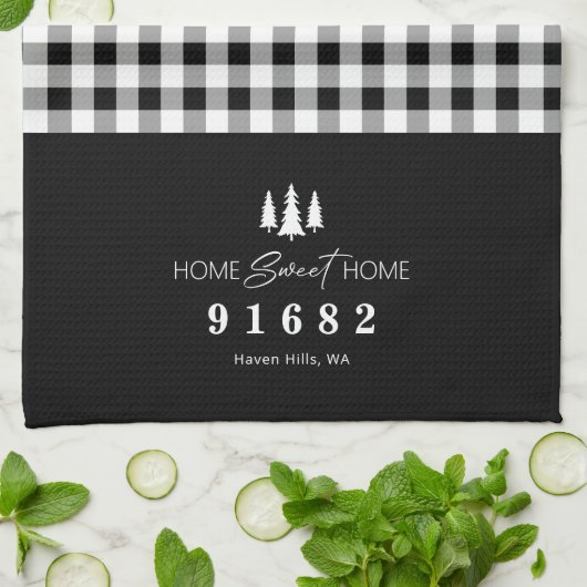 Black Gingham Home Sweet Home Aangepaste postcode Theedoek (Gevouwen)