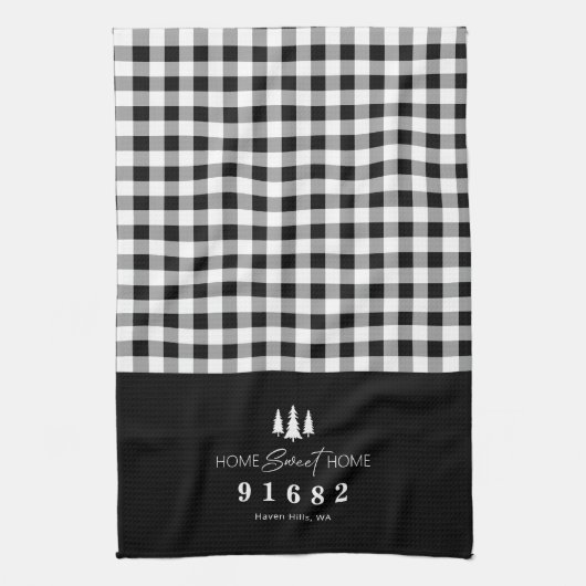 Black Gingham Home Sweet Home Aangepaste postcode Theedoek (Verticaal)