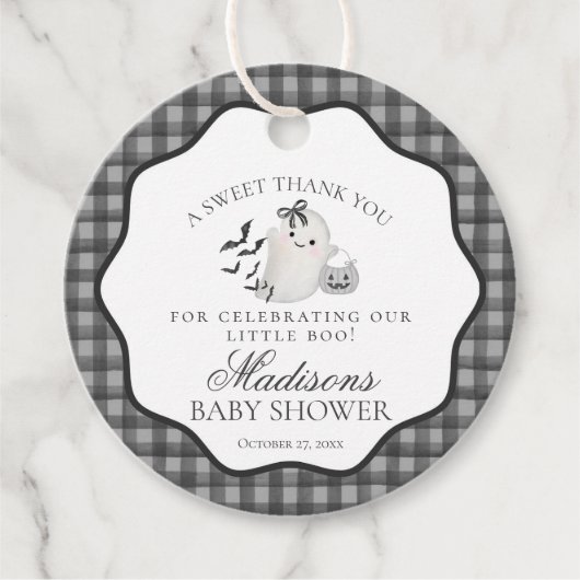 Black Gingham Little Boo Ghost Baby shower Circle Bedankjes Labels (Voorkant)
