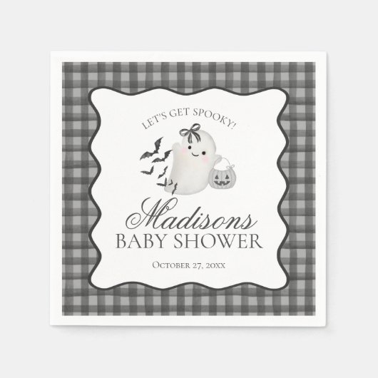 Black Gingham Little Boo Ghost Baby Shower Dessert Servet (Voorkant)