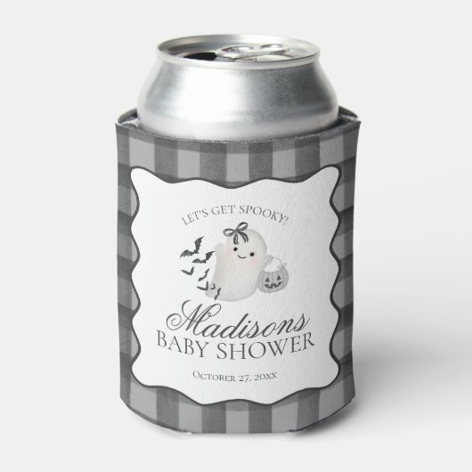Black Gingham Little Boo Ghost Baby Shower Favors Blikjeskoeler (Blikje Voorkant)