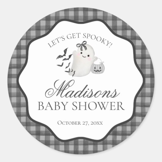 Black Gingham Little Boo Ghost Baby shower Seal Ronde Sticker (Voorkant)